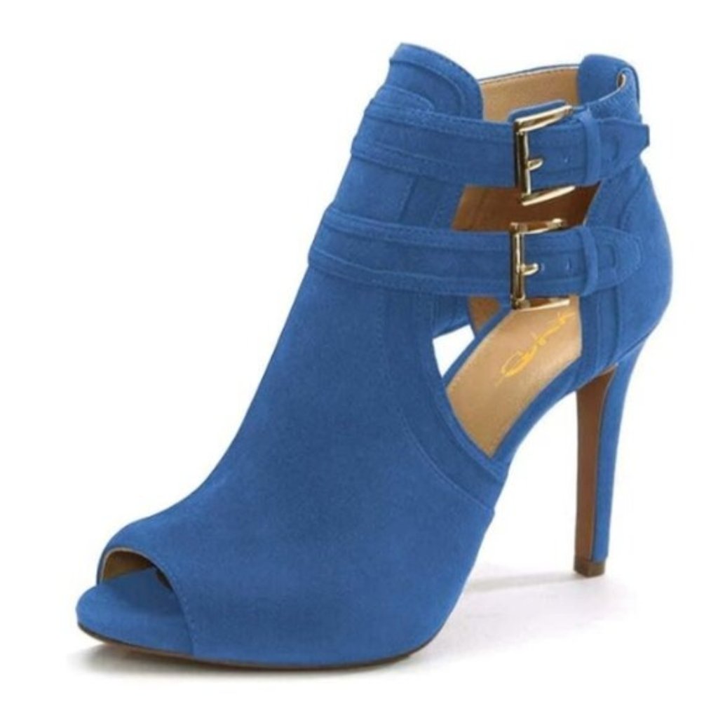 Xyd Women Peep Toe Ankle Boot High Heels Buckled Double Straps Cutout Shoes Blue